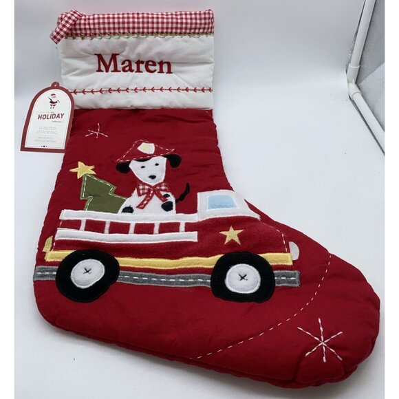 Pottery Barn Kids Maren Christmas Stocking Fire Truck Dog Holiday Quilted - Picture 1 of 12